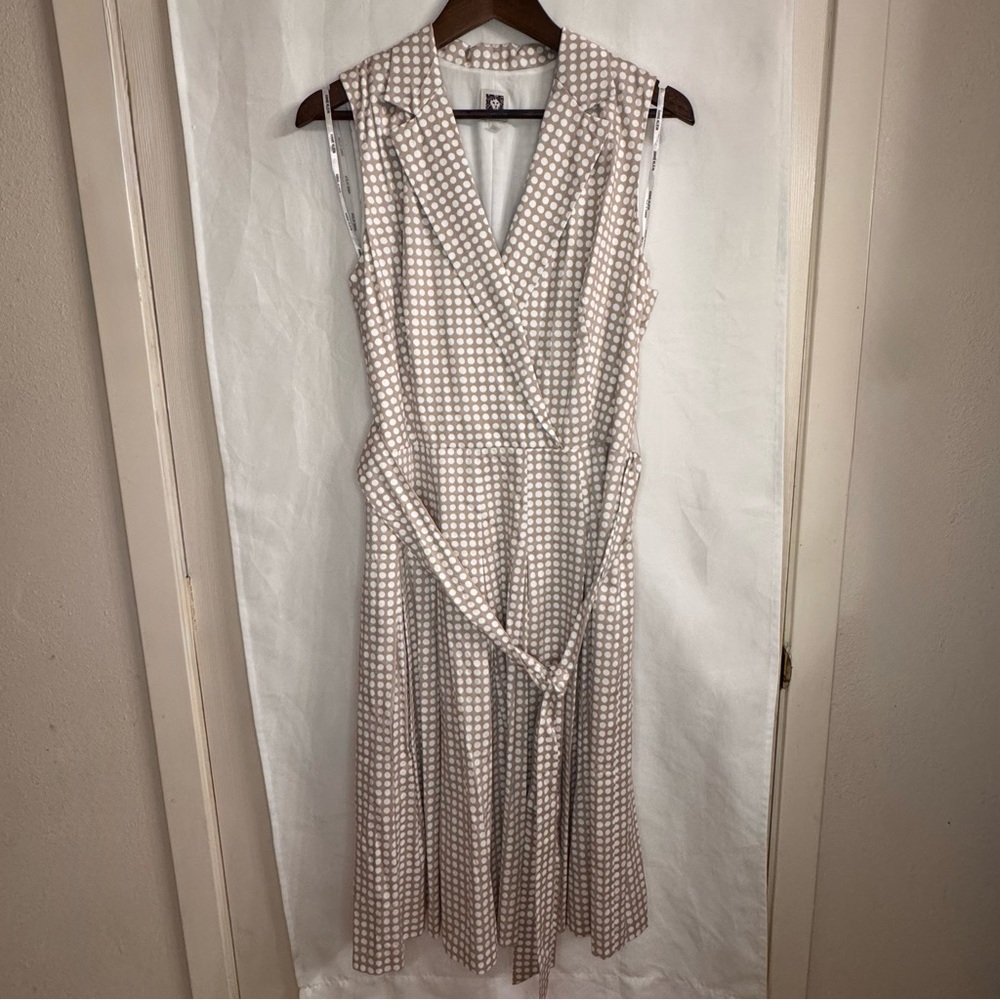 Anne Klein Beige and White Polka Dot Midi Dress